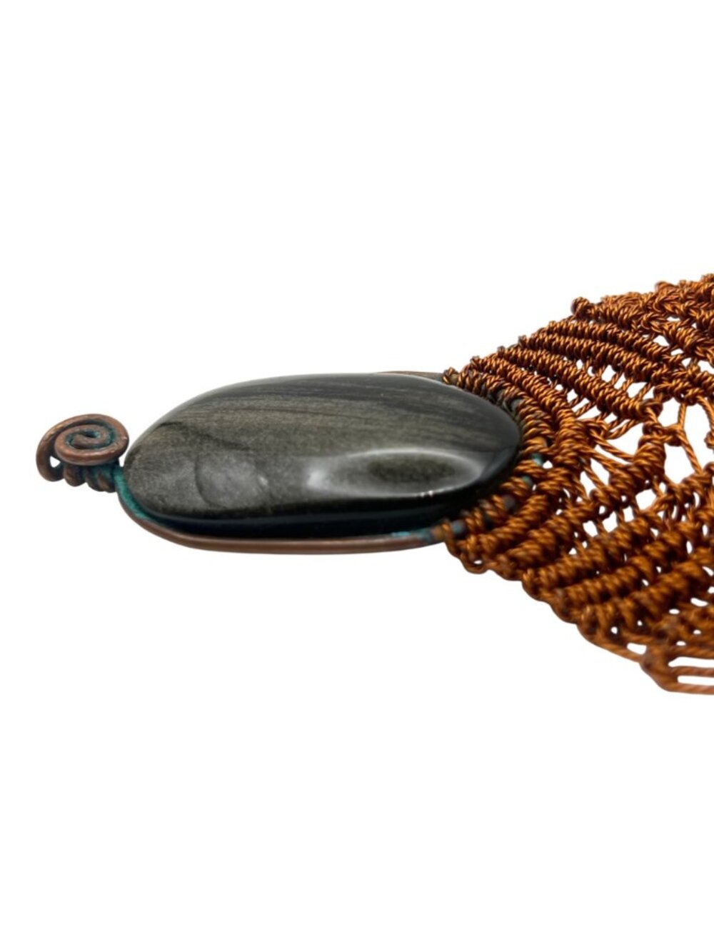 Handmade Copper Wire Wrapped Silver Sheen Obsidian Necklace Boho Statement - Picture 9 of 11